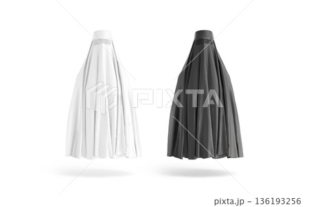 Blank black and white muslim female burqa mockup, front view, 3d rendering. Empty covered women headdress mock up, cut out. Clear chiffon religious, headscarf for eastern traditional template. 136193256