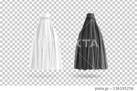 Blank black and white muslim female burqa mockup, front view, 3d rendering. Empty covered women headdress mock up, cut out. Clear chiffon religious, headscarf for eastern traditional template. 136193256