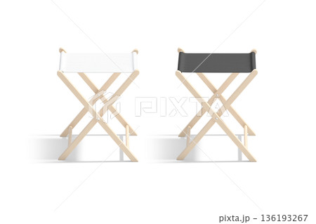 Blank black and white camp folding stool mockup, png, transparent background, 3d rendering. Empty portative chair for hiking mock up, cut out. Clear sling camping deckchair or tabouret template. 136193267