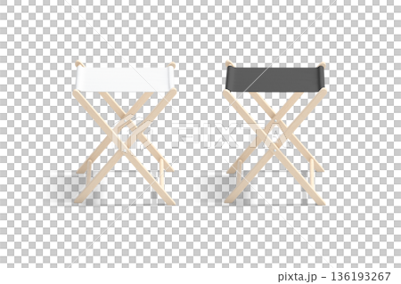 Blank black and white camp folding stool mockup, png, transparent background, 3d rendering. Empty portative chair for hiking mock up, cut out. Clear sling camping deckchair or tabouret template. 136193267