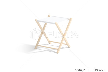 Blank white camp folding stool mockup, png, transparent background, 3d rendering. Empty travel chair with sling seat mock up cut out. Clear foldable canvas chaise summer camping or picnic template. 136193275