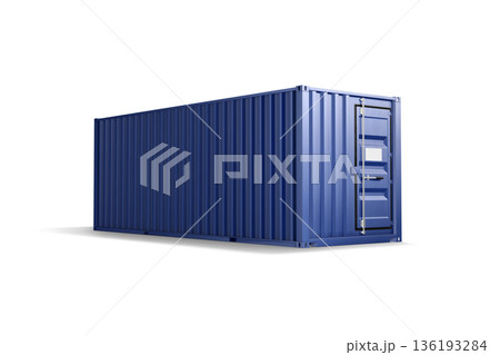 Blank blue steel cargo container mockup, png, transparent background, 3d rendering. Empty international logistic crate ship trade mock up, cut out. Clear heavy delivering storage transport template. 136193284