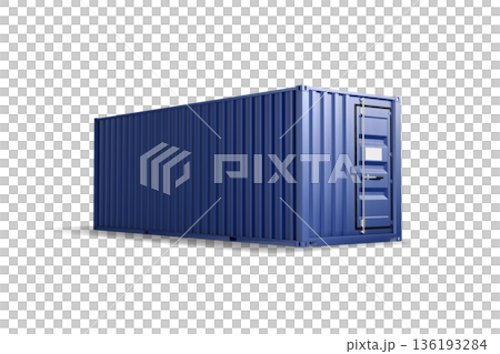Blank blue steel cargo container mockup, png, transparent background, 3d rendering. Empty international logistic crate ship trade mock up, cut out. Clear heavy delivering storage transport template. 136193284