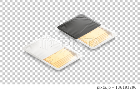 Blank black and white cheese pack mockup, png, transparent background, 3d rendering. Empty plastic tray with cheddar slices mock up, cut out. Clear vacuum packing for dairy melt food template. 136193296