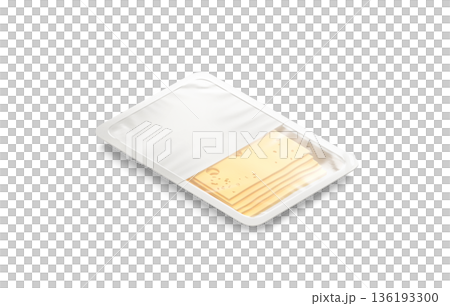 Blank white cheese pack mockup, png, transparent background, 3d rendering. Empty vacuum tray package with gouda slices mock up, cut out. Clear yellow hole cheddar slices in label container template. 136193300