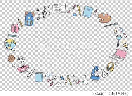 一幅水平圓形邊框的線條畫，描繪了學校生活中的文具和工具。 136193470