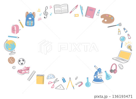 学校生活の文房具や道具のイラストの横長丸フレーム 136193471