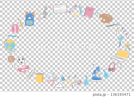 一幅橫向圓形邊框的插圖，描繪了學校生活中的文具和工具。 136193471
