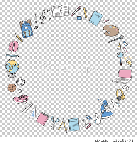 一幅圓形邊框，上面是學校生活用品和工具的線條畫。 136193472