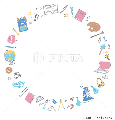 学校生活の文房具や道具のイラストの丸フレーム 136193473