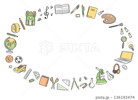 学校生活の文房具や道具の線画イラストの横長丸フレーム 136193474