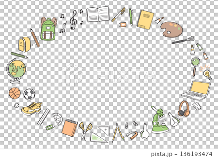 学校生活の文房具や道具の線画イラストの横長丸フレーム 136193474