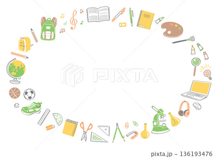 学校生活の文房具や道具のイラストの横長丸フレーム 136193476