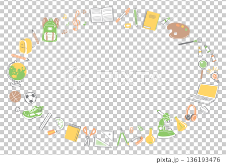 学校生活の文房具や道具のイラストの横長丸フレーム 136193476
