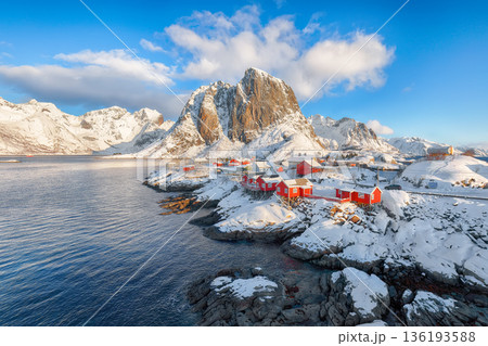 Outstanding winter view on Hamnoy village and Festhaeltinden mountain on background. 136193588