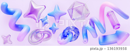 Y2k aesthetic element 3d set with holographic gradient. Glass and plastic shapes - inflatable star, spiral line, arrow, circle ring, polygon with white dot texture in vibrant colors. 3D illustration 136193938