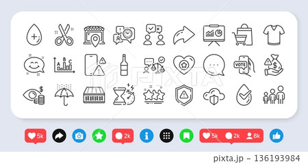 Heart, Market location and Survey results line icons pack. Social media: share, comment, like icons. Smile chat, T-shirt, Mattress web icon. Business vision, Bribe, People voting pictogram. Vector 136193984