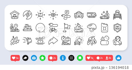 Cash transit, Fake news and Rise price line icons pack. Social media: share, comment, like icons. Delivery report, Push cart, Electric energy web icon. Canister oil, Taxi, Car review pictogram. Vector Cash transit, Fake news and Rise price line icons pack. Social media: share, comment, like icons. Delivery report, Push cart, Electric energy web icon. Canister oil, Taxi, Car review pictogram. Vector 136194018