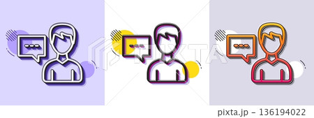User communication line icon. Halftone dotted pattern. Gradient icon with grain shadow. Male Person with chat speech bubble sign. Human silhouette symbol. Line person talk icon. Vector 136194022