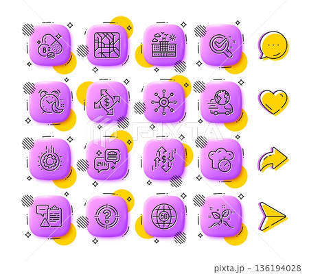 Gear, Chemistry lab and 5g internet line icons. App 3d buttons. Social media comment, share, like icons. Pack of Alarm, Dollar rate, Multichannel icon. Vector 136194028
