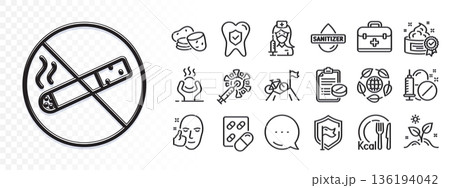 First aid, Shield and Dental insurance line icons for web app. Glare of light effect. Message icon. Pack of Mountain bike, Coronavirus vaccine, No smoking pictogram icons. Vector First aid, Shield and Dental insurance line icons for web app. Glare of light effect. Message icon. Pack of Mountain bike, Coronavirus vaccine, No smoking pictogram icons. Vector 136194042
