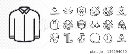 No sun, Healthy face and Socks line icons for web app. Glare of light effect. Message icon. Pack of Bra, Spf protection, Hoody pictogram icons. Uv protection, Clean skin, Oil drop signs. Vector 136194050