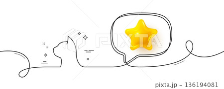 Pets care line icon. Continuous line with 3d star. Veterinary clinic sign. Cat health symbol. 3d star in speech bubble. Pets care single line ribbon. Loop curve pattern. Vector 136194081