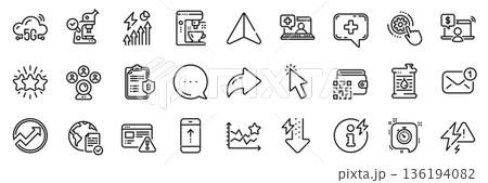 Lightning bolt, Privacy policy and 5g cloud line icons pack. Share, Message, Paper plane icons. Cursor, New message, Star web icon. Timer, Coffee maker, Electricity consumption pictogram. Vector 136194082