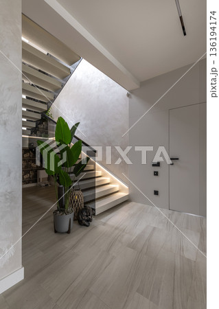 Modern Staircase Design with LED Lighting and Green Plant 136194174