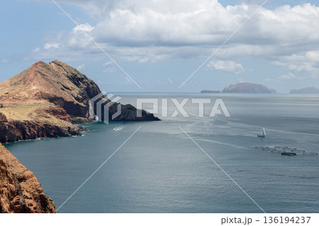 Atlantic coastal landscape Ponta de Sao Lourenco Madeira with volcanic cliffs calm sea Desertas 136194237