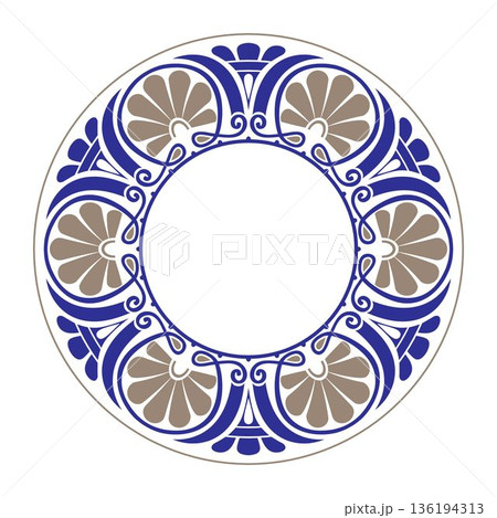 Vector illustration of blue and gold round porcelain plate with floral pattern. Greek floral meander, palmette. European frame with pattern. Frame Ancient Greece, Roman Empire. For textile, embroider Vector illustration of blue and gold round porcelain plate with floral pattern. Greek floral meander, palmette. European frame with pattern. Frame Ancient Greece, Roman Empire. For textile, embroider 136194313