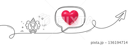Clown line icon. Continuous line with share plane. Amusement park funnyman sign. 3d heart in speech bubble. Clown single line ribbon. Loop curve pattern. Vector 136194714