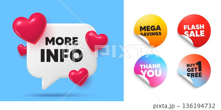 More info speech bubble, sticker tags. Get free, Flash sale stickers. More info tag. Navigation sign. Read description symbol. Thank you tag. 3d hearts chat bubble. Vector 136194732