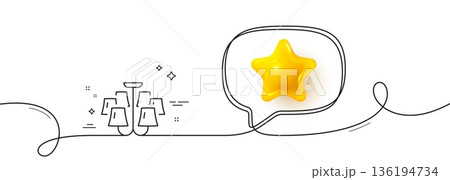 Chandelier line icon. Continuous line with 3d star. Ceiling lamp sign. Interior illuminate light symbol. 3d star in speech bubble. Chandelier single line ribbon. Loop curve pattern. Vector 136194734