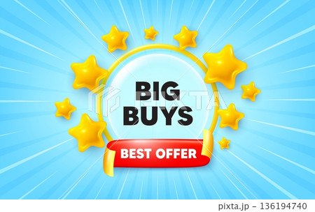 Big buys sunburst ray banner. Best offer flag ribbon. Big buys tag. Special offer price sign. Advertising discounts symbol. 3d stars glitter. Red ribbon tag. Discount offer. Vector 136194740