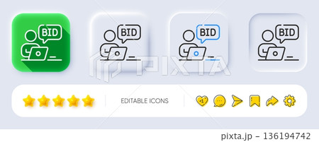 Online auction line icon. Neumorphic, Flat shadow, 3d buttons. Bid offer sign. Raise the price up symbol. Line online auction icon. Social media icons. Vector 136194742