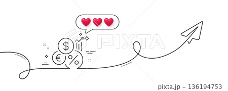 Inflation line icon. Continuous line with share plane. Money tax rate sign. Financial interest symbol. Hearts rate review in speech bubble. Inflation single line ribbon. Loop curve pattern. Vector 136194753