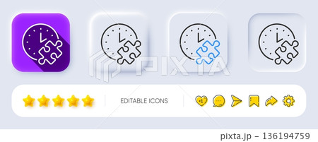 Puzzle time line icon. Neumorphic, Flat shadow, 3d buttons. Jigsaw piece with clock sign. Business challenge symbol. Line puzzle time icon. Social media icons. Vector Puzzle time line icon. Neumorphic, Flat shadow, 3d buttons. Jigsaw piece with clock sign. Business challenge symbol. Line puzzle time icon. Social media icons. Vector 136194759