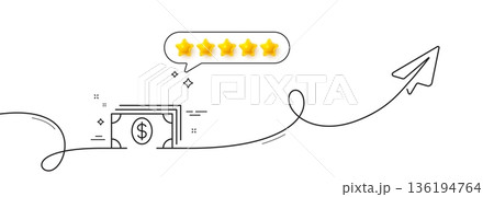 Cash money line icon. Continuous line with share plane. Banking currency sign. Dollar or USD symbol. Five star rate review in speech bubble. Banking single line ribbon. Loop curve pattern. Vector Cash money line icon. Continuous line with share plane. Banking currency sign. Dollar or USD symbol. Five star rate review in speech bubble. Banking single line ribbon. Loop curve pattern. Vector 136194764