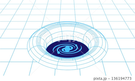 Futuristic 3D wireframe visualization of a black hole accretion disk with glowing blue orbital paths and concentric grid on white background 136194773