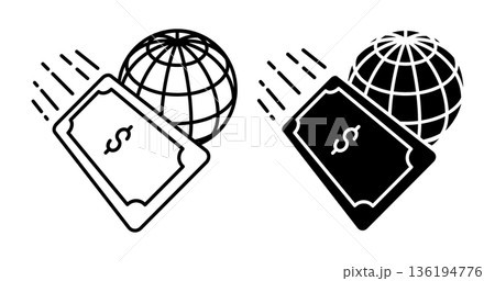 Linear isometric icon. Money bills with dollar sign overlapping globe with speed streaks, global finance and cash flow. Simple vector isolated on white background 136194776