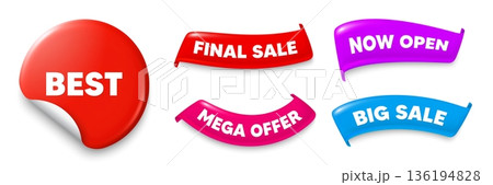 Best sticker, Sale offer ribbons. Big sale, Now open. Best promotion tag. Special offer Sale sign. Advertising Discounts symbol. Sticker badge. Flag ribbon banners. Discount offer banners. Vector 136194828