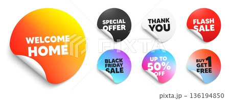 Welcome home sticker tag. Special offer paper price tags. Welcome home tag. Home invitation offer. Hello guests message. Discount, black friday sticker. Promo banner. Vector Welcome home sticker tag. Special offer paper price tags. Welcome home tag. Home invitation offer. Hello guests message. Discount, black friday sticker. Promo banner. Vector 136194850