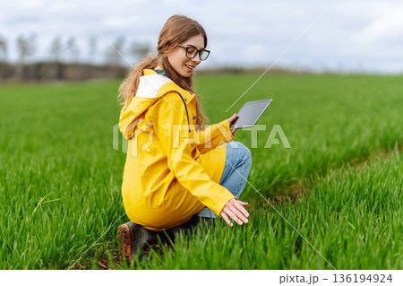 The woman agronomist uses a tablet, applications for monitoring the state of the field, plant The woman agronomist uses a tablet, applications for monitoring the state of the field, plant 136194924