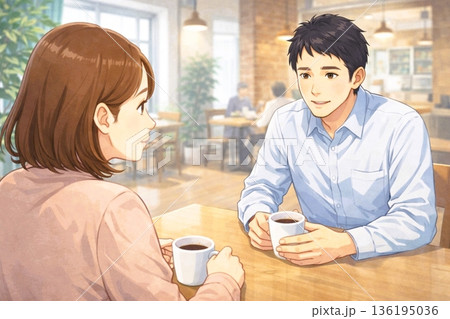 カフェで話す20代30代男女カップル 136195036
