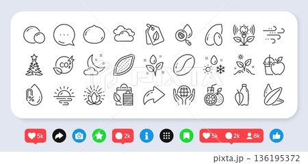 Peanut, Cloudy weather and Sunflower seed line icons pack. Social media: share, comment, like icons. Co2 gas, Windy weather, Bio shopping web icon. Vector 136195372