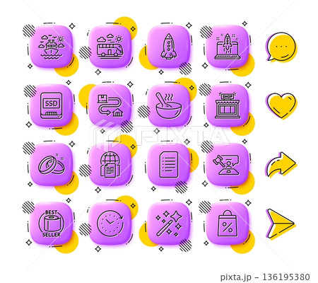 Document, Judge hammer and Bus travel line icons. App 3d buttons. Social media comment, share, like icons. Pack of Wedding rings, Shop, Ssd icon. Cook, Tracking parcel, Toilet paper pictogram. Vector Document, Judge hammer and Bus travel line icons. App 3d buttons. Social media comment, share, like icons. Pack of Wedding rings, Shop, Ssd icon. Cook, Tracking parcel, Toilet paper pictogram. Vector 136195380