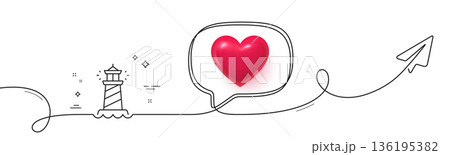 Lighthouse line icon. Continuous line with share plane. Searchlight tower sign. Beacon symbol. 3d heart in speech bubble. Lighthouse single line ribbon. Loop curve pattern. Vector Lighthouse line icon. Continuous line with share plane. Searchlight tower sign. Beacon symbol. 3d heart in speech bubble. Lighthouse single line ribbon. Loop curve pattern. Vector 136195382