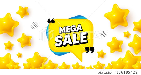 Mega sale winner banner with 3d stars. Golden stars banner. Mega sale bubble. Discount banner shape. Coupon sticker icon. Review rate background. Vector 136195428