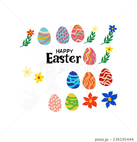 Print Happy Easter Egg Shape Spring Flowers Bunnies free vector illustration 136195444
